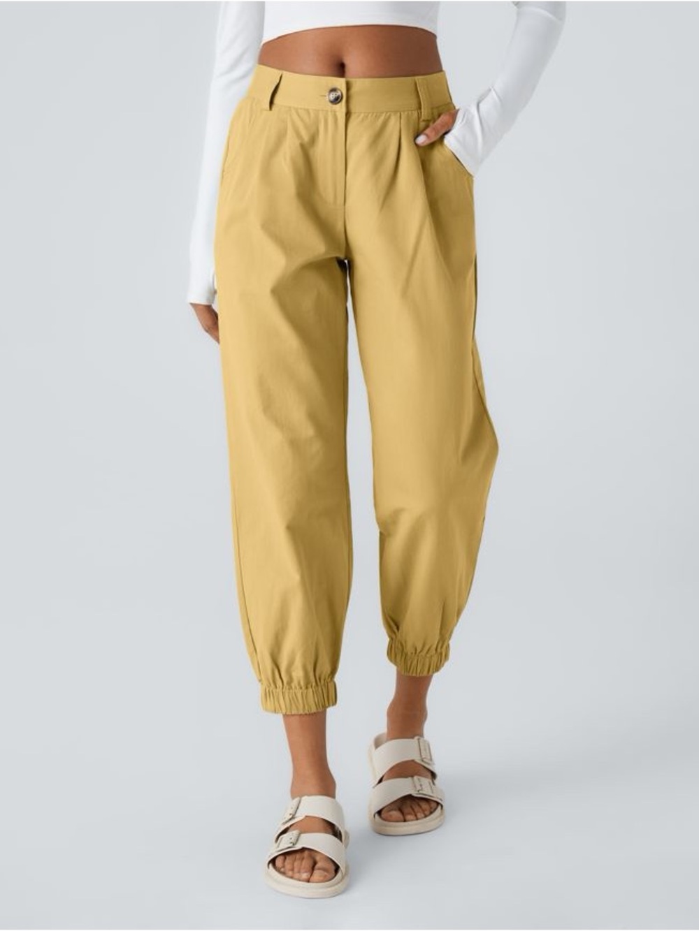 HALARA Mid Rise Casual Joggers Pockets Yellow Mustard Cotton Pants Medium Fall